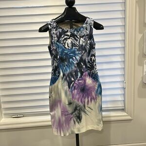 Ellie Tahari blue, purple and white watercolour floral sheath dress